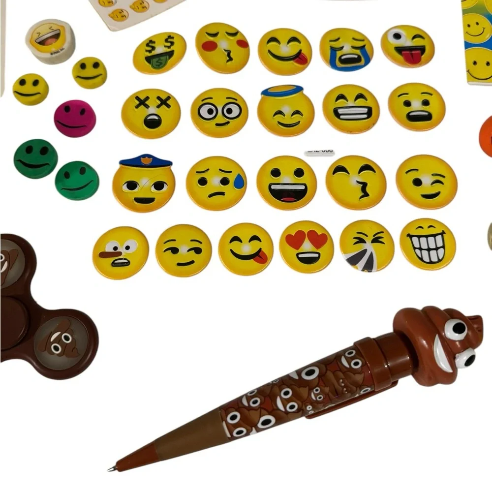 Large Emoji lot with stickers bouncy balls fart pen erasers & fidget spinner